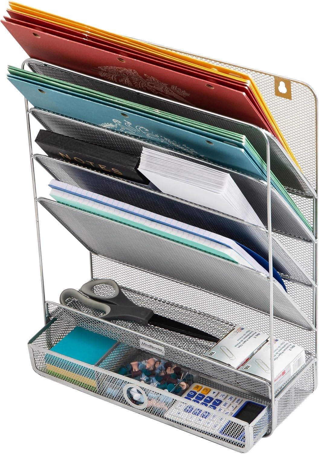 imageMind Reader 4Tier Vertical File Storage Desktop Organizer Wall Mount Office Metal Mesh 125L x 4W x 165H SilverSilver