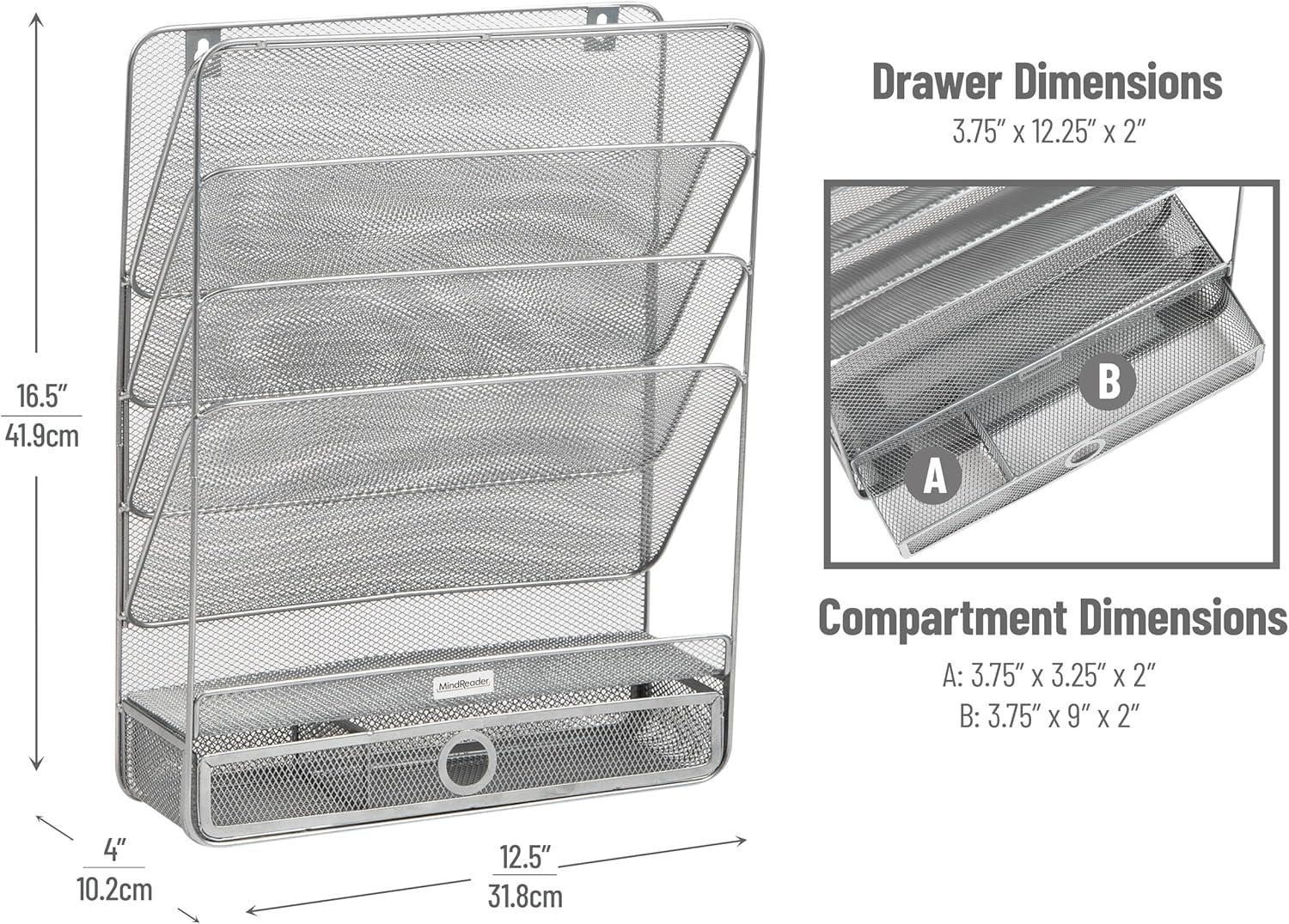 imageMind Reader 4Tier Vertical File Storage Desktop Organizer Wall Mount Office Metal Mesh 125L x 4W x 165H SilverSilver
