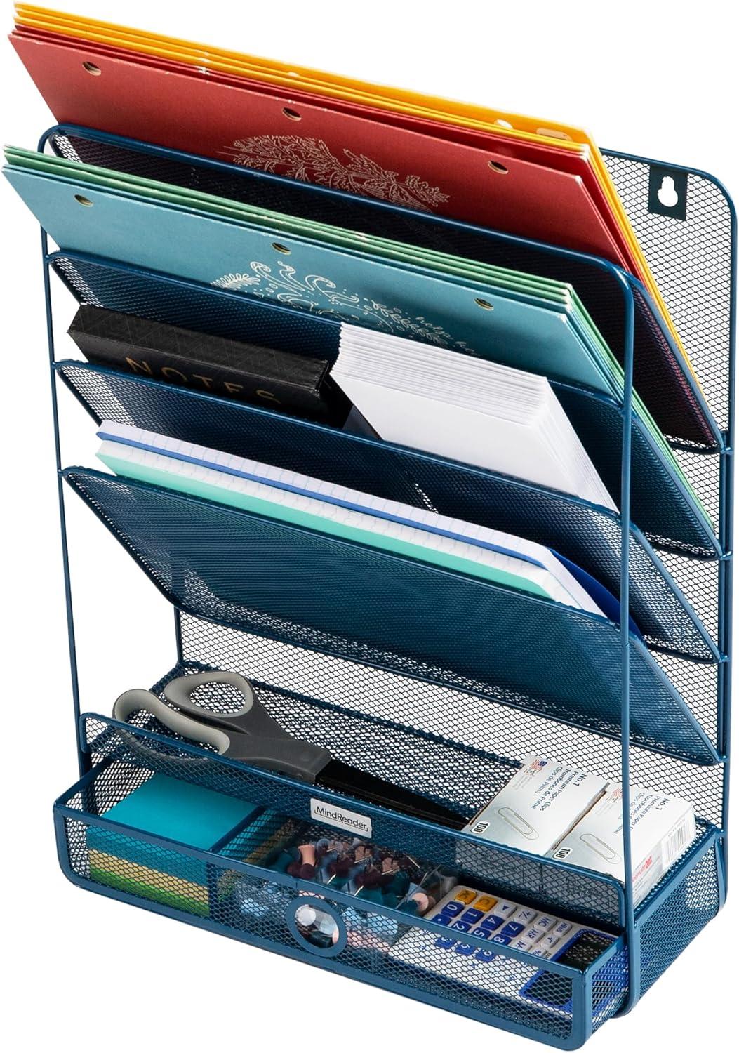 imageMind Reader 4Tier Vertical File Storage Desktop Organizer Wall Mount Office Metal Mesh 125L x 4W x 165H SilverTurquoise