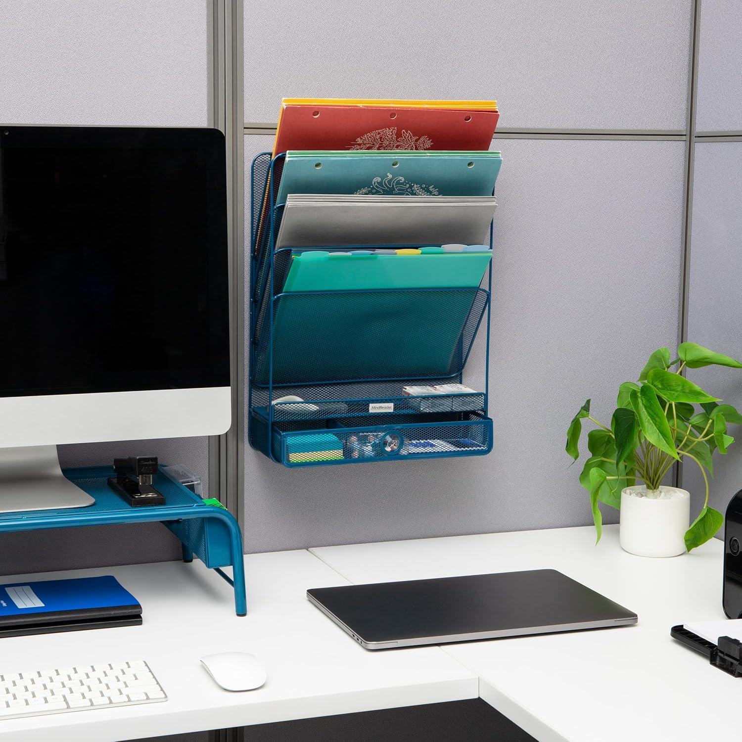 imageMind Reader 4Tier Vertical File Storage Desktop Organizer Wall Mount Office Metal Mesh 125L x 4W x 165H SilverTurquoise