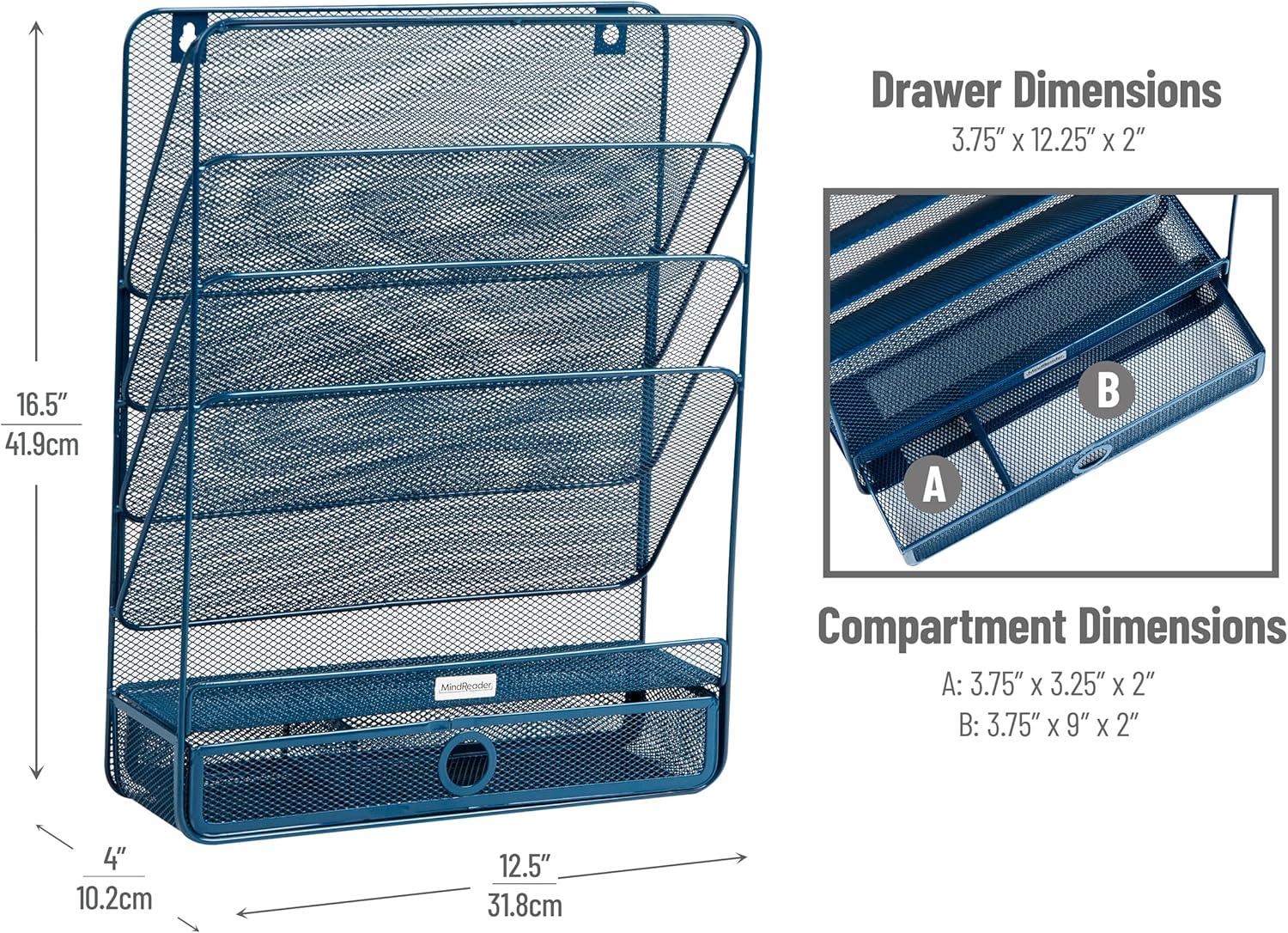 imageMind Reader 4Tier Vertical File Storage Desktop Organizer Wall Mount Office Metal Mesh 125L x 4W x 165H SilverTurquoise