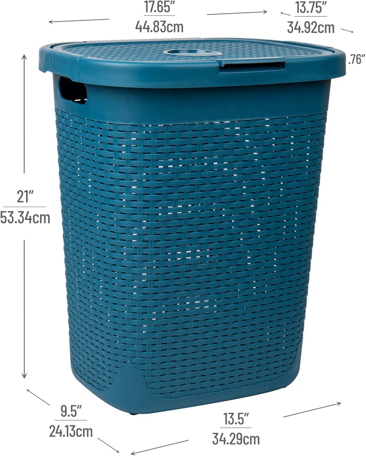 imageMind Reader 50L Slim Laundry Hamper Clothes Basket Lid Wicker Design Plastic 1765L x 1375W x 21H BlueBlue
