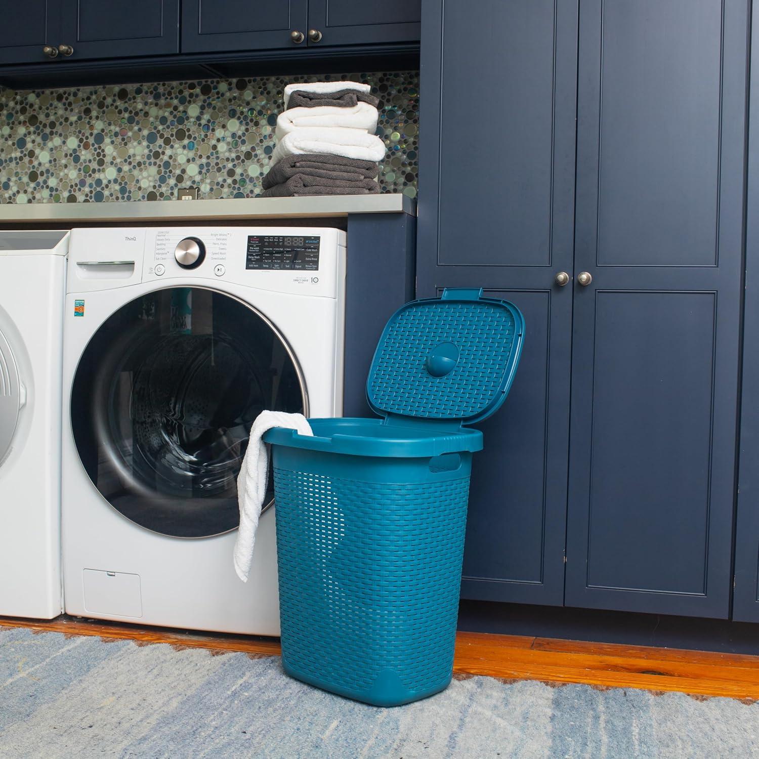 imageMind Reader 50L Slim Laundry Hamper Clothes Basket Lid Wicker Design Plastic 1765L x 1375W x 21H BlueBlue
