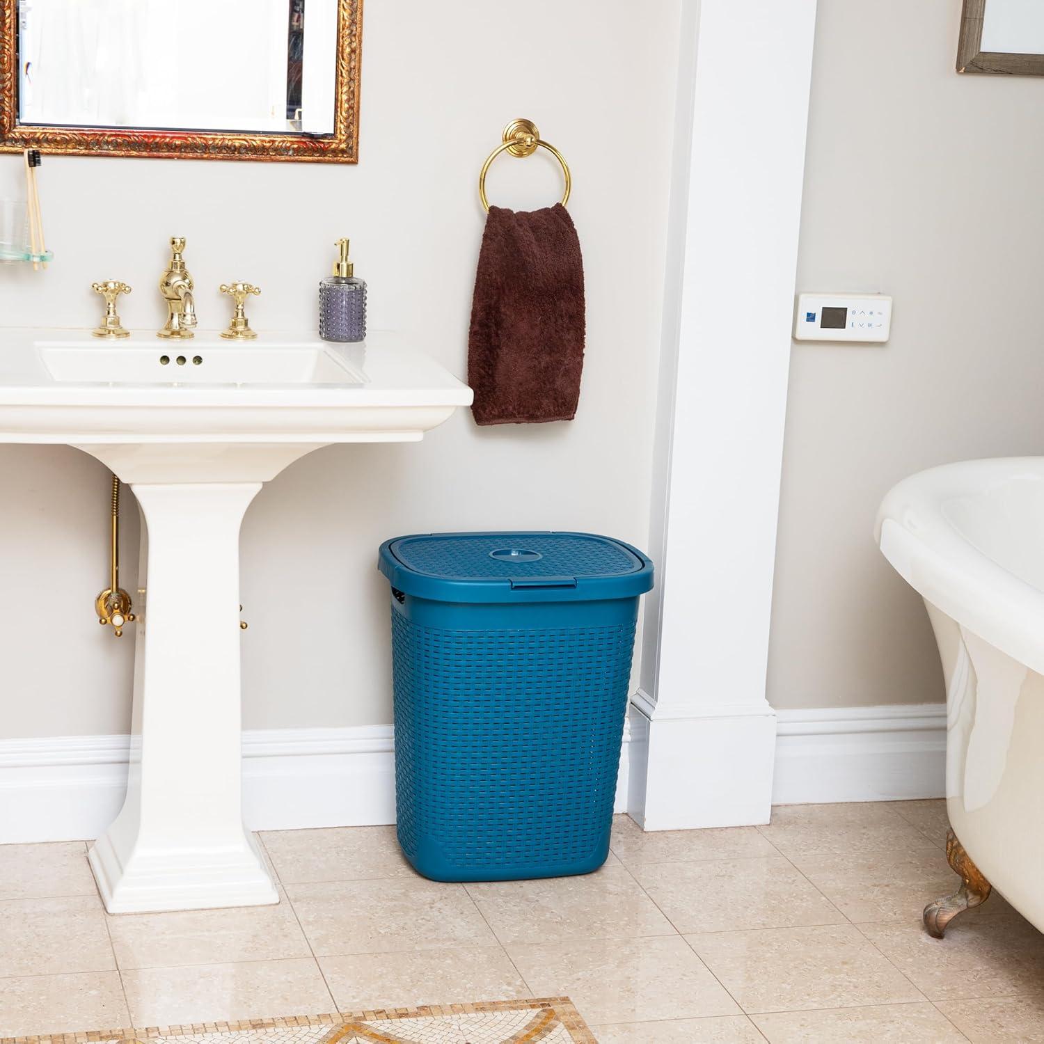 imageMind Reader 50L Slim Laundry Hamper Clothes Basket Lid Wicker Design Plastic 1765L x 1375W x 21H BlueBlue