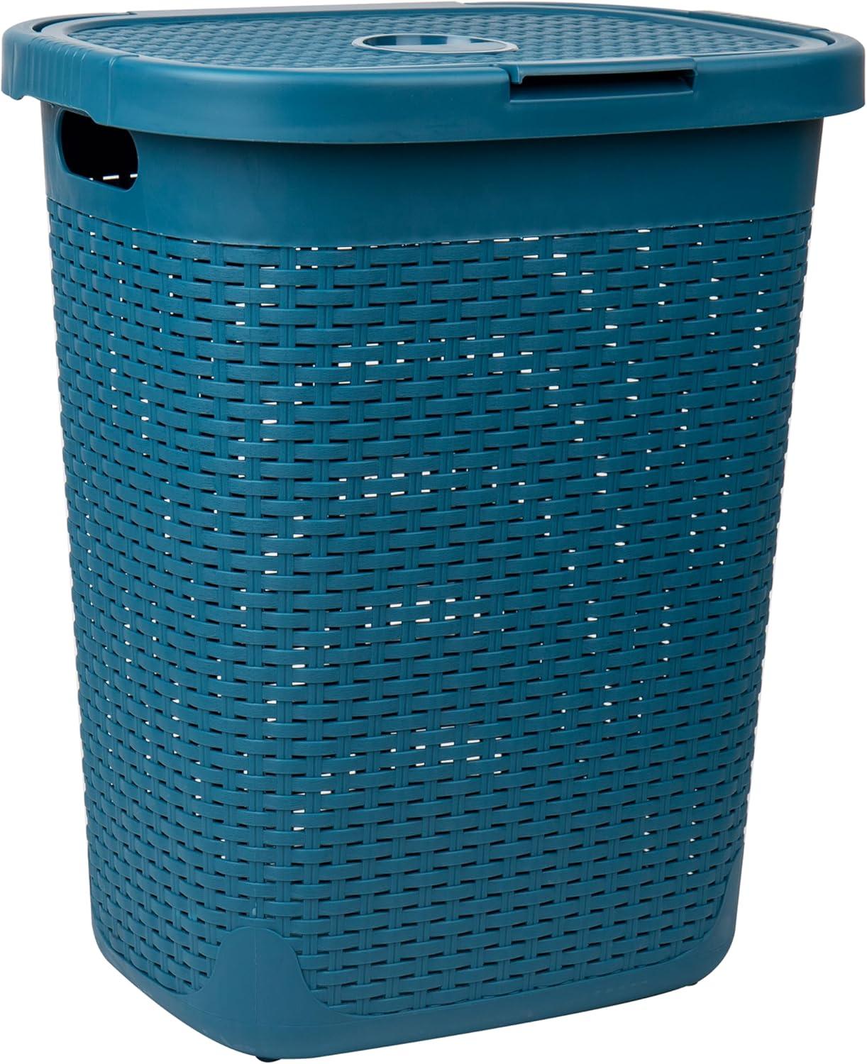 imageMind Reader 50L Slim Laundry Hamper Clothes Basket Lid Wicker Design Plastic 1765L x 1375W x 21H BlueBlue
