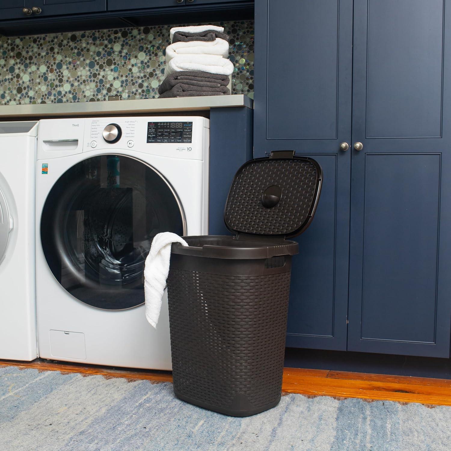 imageMind Reader 50L Slim Laundry Hamper Clothes Basket Lid Wicker Design Plastic 1765L x 1375W x 21H BlueBrown