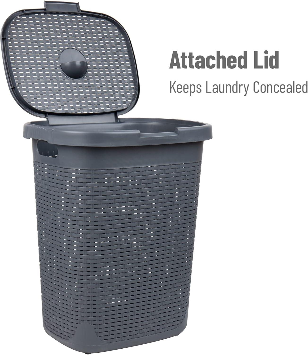 imageMind Reader 50L Slim Laundry Hamper Clothes Basket Lid Wicker Design Plastic 1765L x 1375W x 21H BlueGray