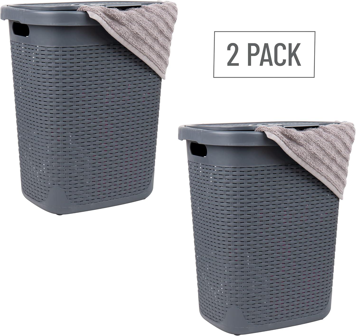 imageMind Reader 50L Slim Laundry Hamper Clothes Basket Lid Wicker Design Plastic 1765L x 1375W x 21H BlueGray