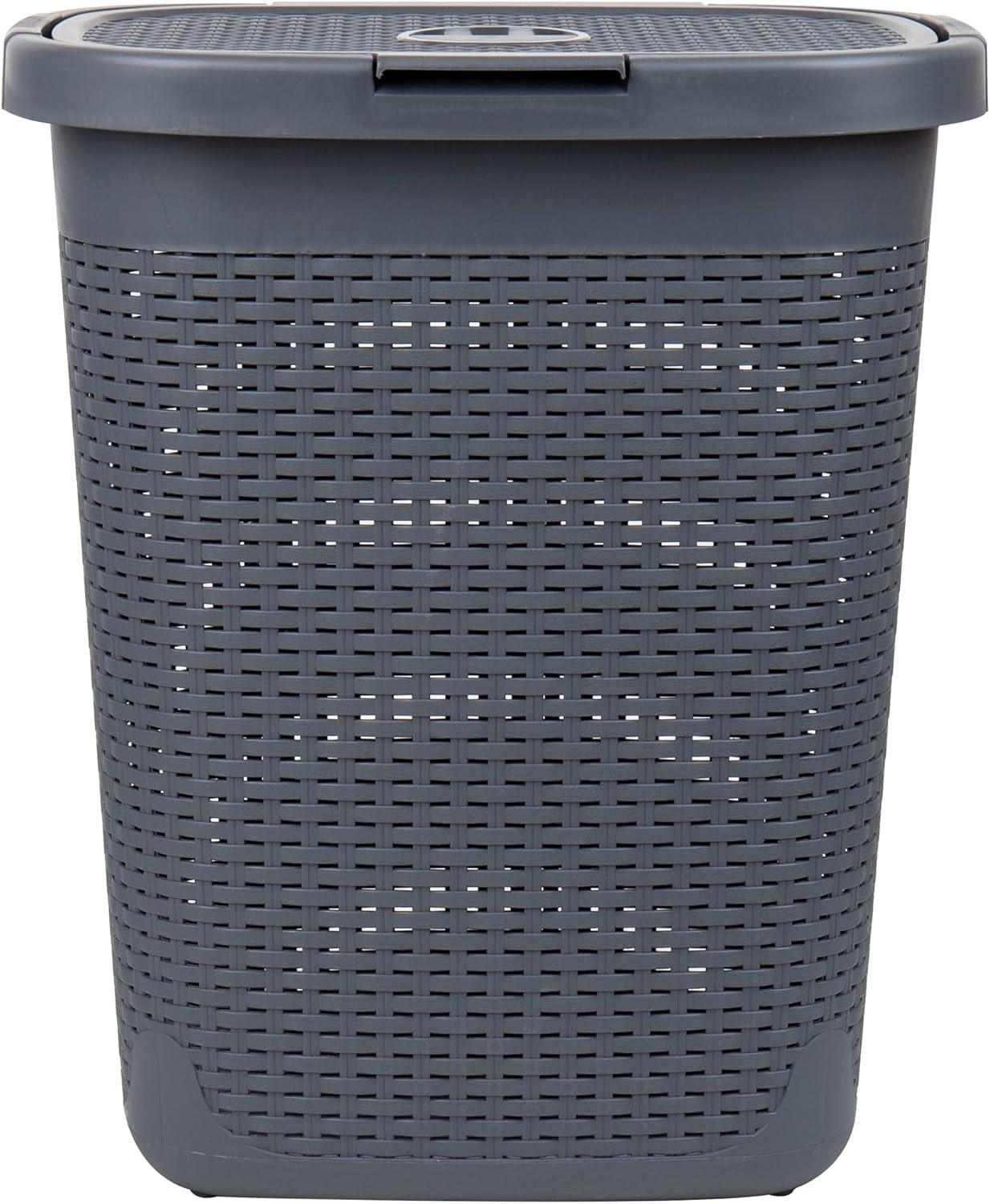 imageMind Reader 50L Slim Laundry Hamper Clothes Basket Lid Wicker Design Plastic 1765L x 1375W x 21H BlueGray