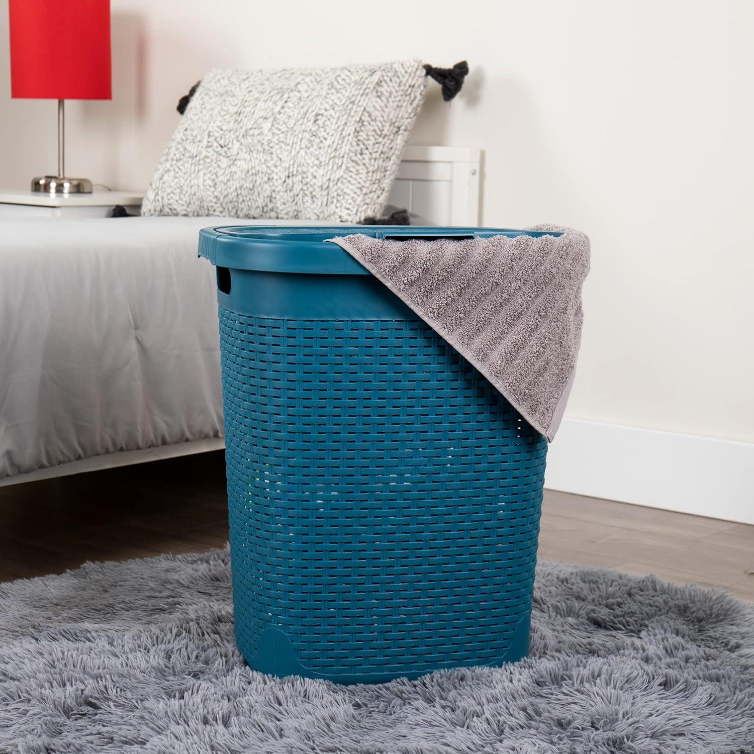 imageMind Reader 50L Slim Laundry Hamper Clothes Basket Lid Wicker Design Plastic 1765L x 1375W x 21H Set of 2 PinkBlue