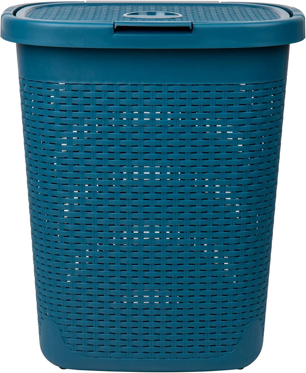 imageMind Reader 50L Slim Laundry Hamper Clothes Basket Lid Wicker Design Plastic 1765L x 1375W x 21H Set of 2 PinkBlue