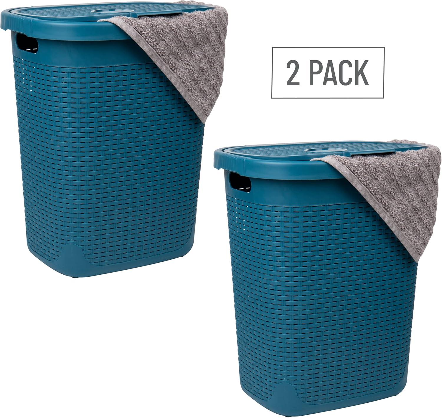 imageMind Reader 50L Slim Laundry Hamper Clothes Basket Lid Wicker Design Plastic 1765L x 1375W x 21H Set of 2 PinkBlue