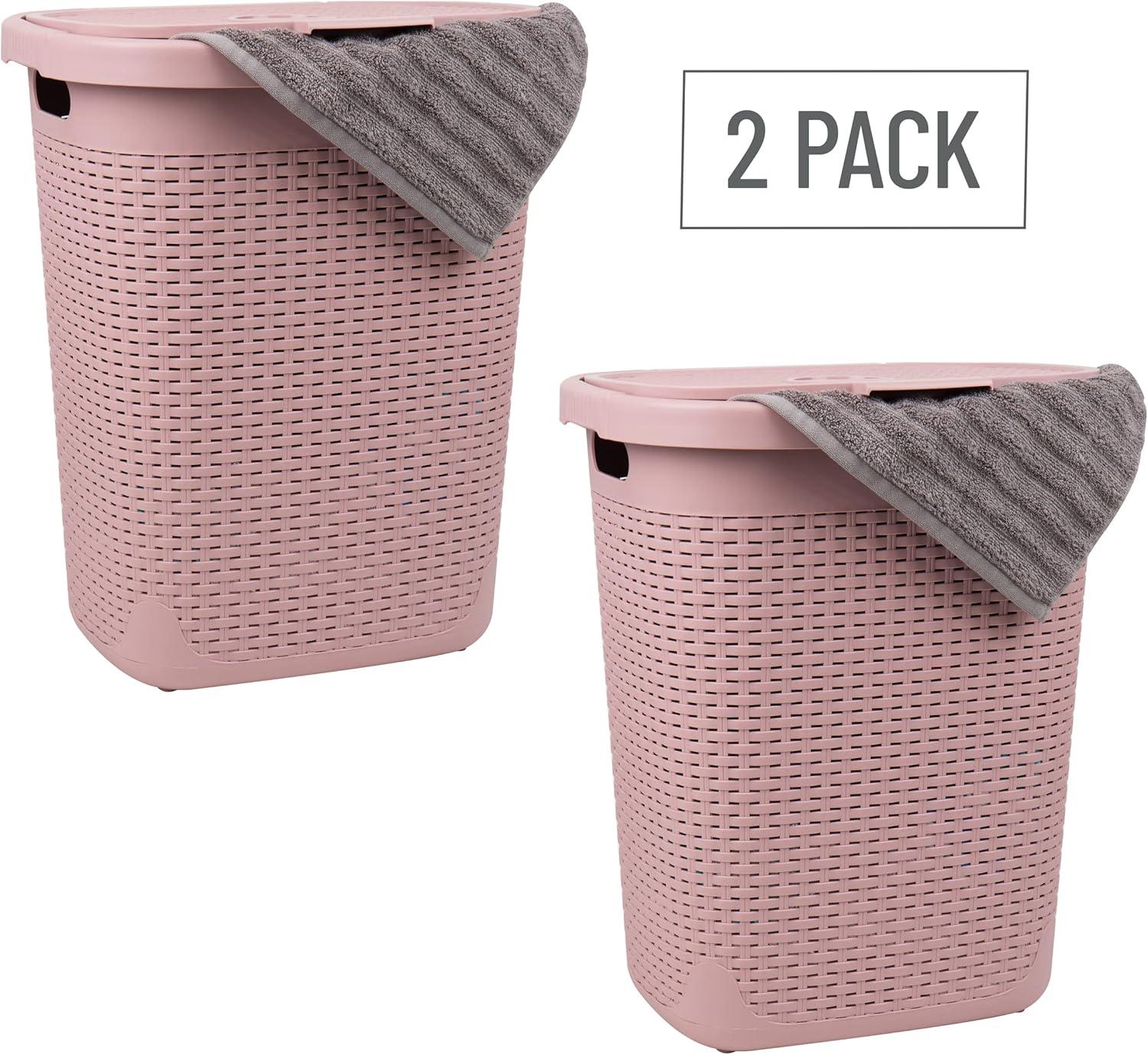 imageMind Reader 50L Slim Laundry Hamper Clothes Basket Lid Wicker Design Plastic 1765L x 1375W x 21H Set of 2 PinkPink