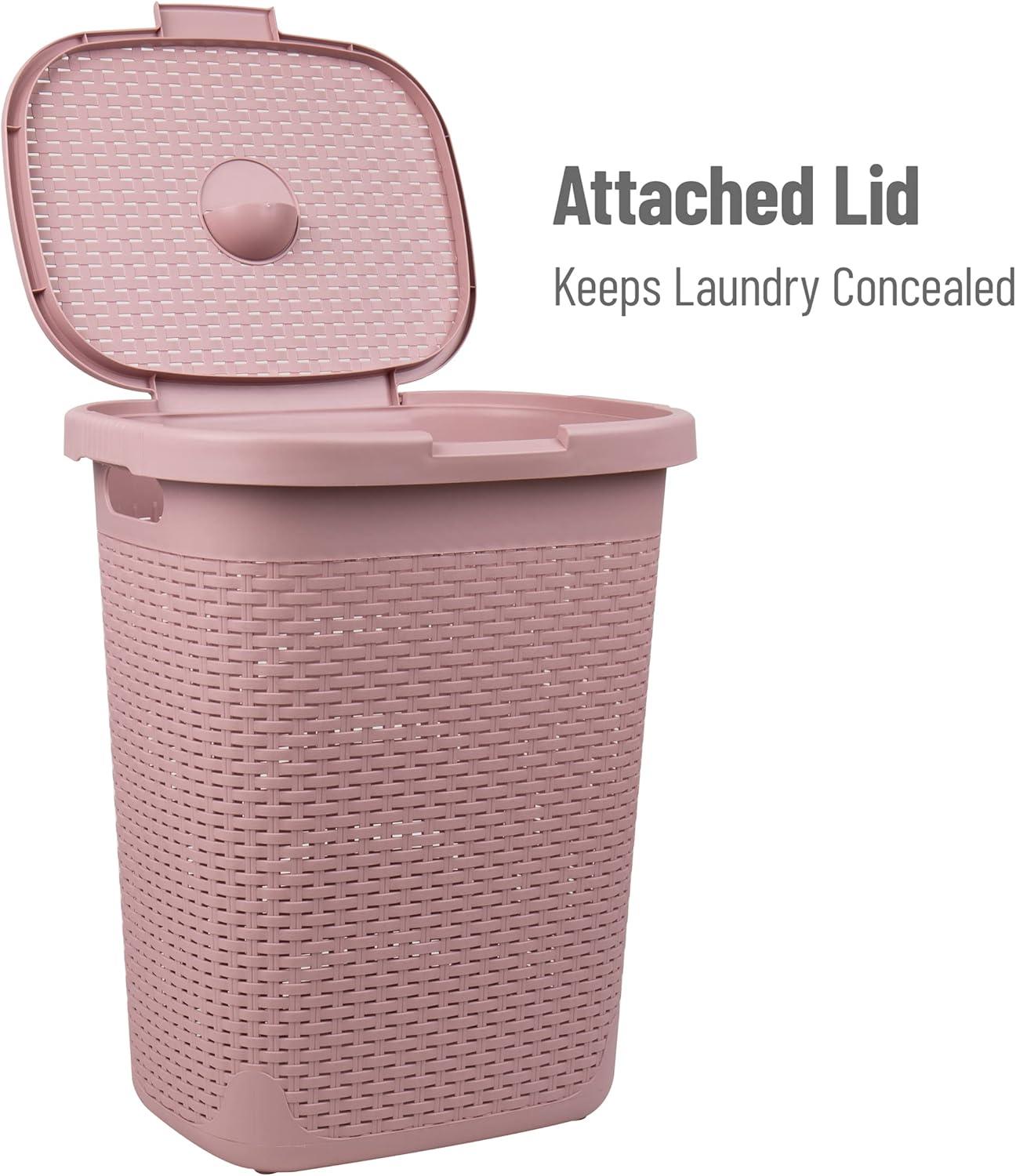 imageMind Reader 50L Slim Laundry Hamper Clothes Basket Lid Wicker Design Plastic 1765L x 1375W x 21H Set of 2 PinkPink