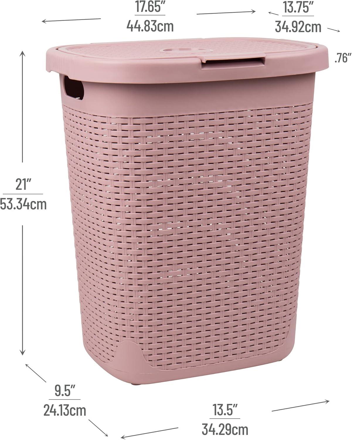 imageMind Reader 50L Slim Laundry Hamper Clothes Basket Lid Wicker Design Plastic 1765L x 1375W x 21H Set of 2 PinkPink