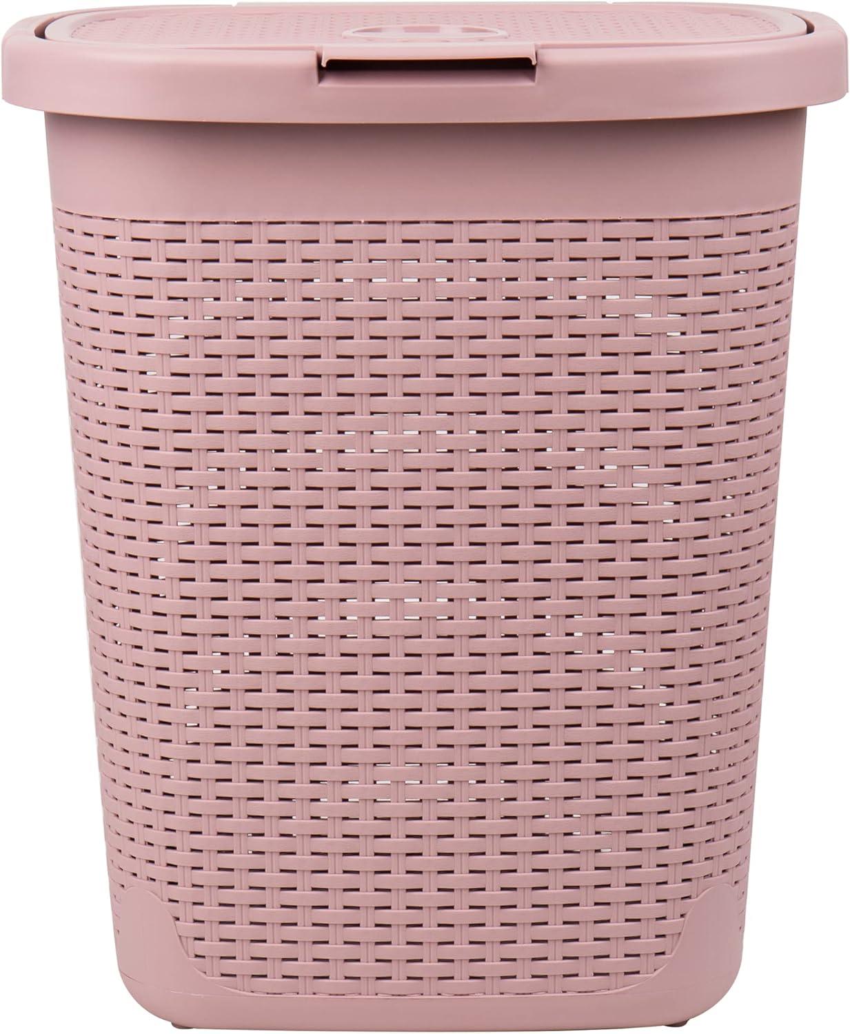 imageMind Reader 50L Slim Laundry Hamper Clothes Basket Lid Wicker Design Plastic 1765L x 1375W x 21H Set of 2 PinkPink