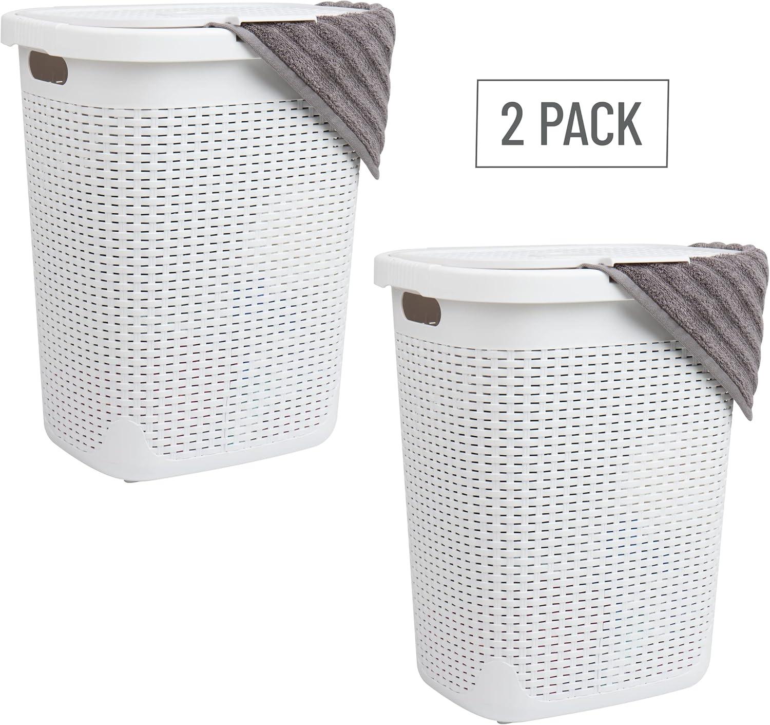 imageMind Reader 50L Slim Laundry Hamper Clothes Basket Lid Wicker Design Plastic 1765L x 1375W x 21H Set of 2 PinkWhite