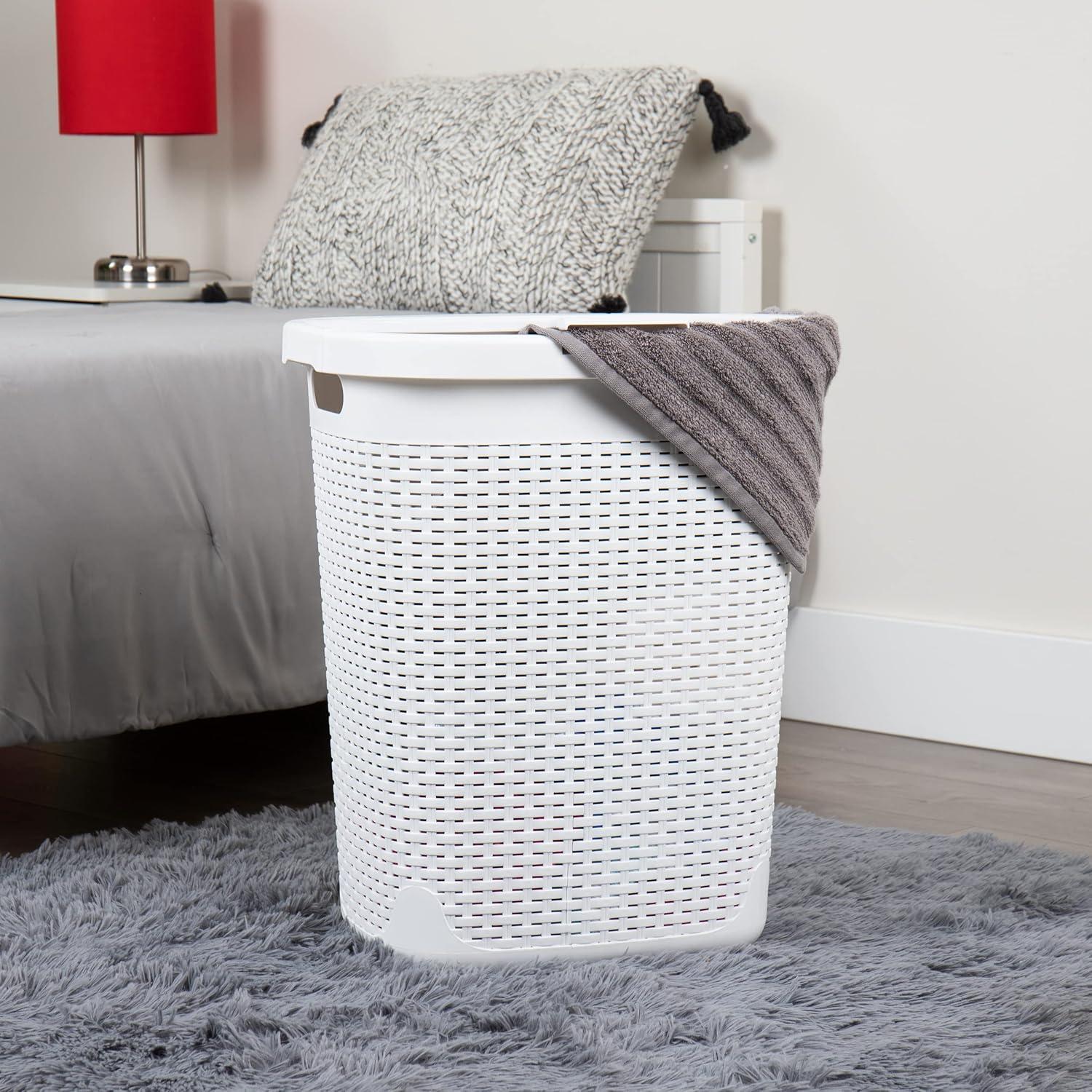 imageMind Reader 50L Slim Laundry Hamper Clothes Basket Lid Wicker Design Plastic 1765L x 1375W x 21H Set of 2 PinkWhite