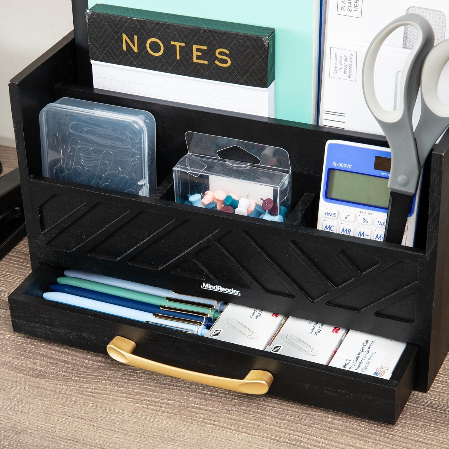 imageMind Reader 5Compartment Desktop Organizer Rustic Wooden Storage Rack with Drawer for Papers Accessories and Office Supplies 125 L x 425 W x 75 H Black
