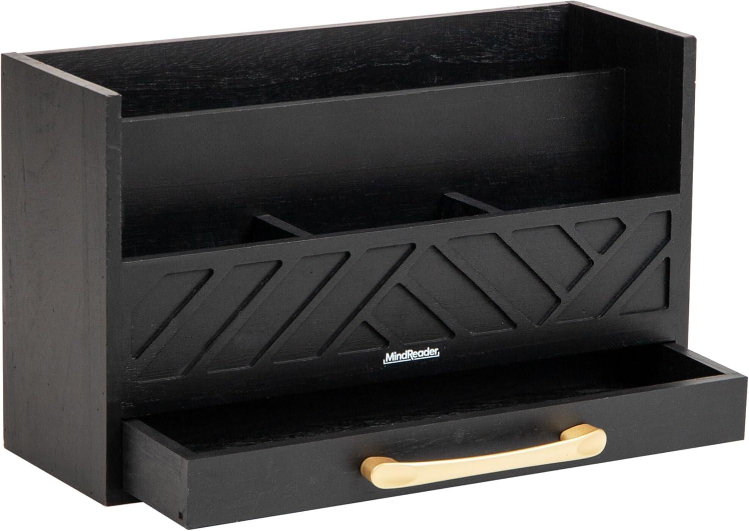 imageMind Reader 5Compartment Desktop Organizer Rustic Wooden Storage Rack with Drawer for Papers Accessories and Office Supplies 125 L x 425 W x 75 H Black
