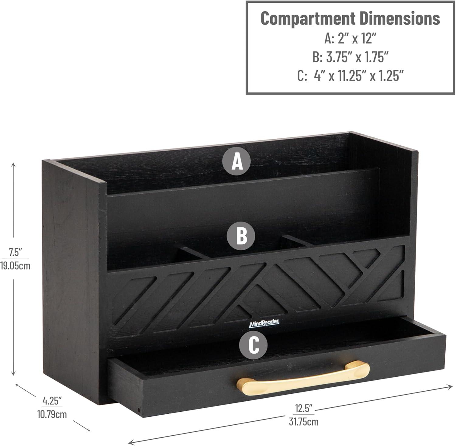 imageMind Reader 5Compartment Desktop Organizer Rustic Wooden Storage Rack with Drawer for Papers Accessories and Office Supplies 125 L x 425 W x 75 H Black