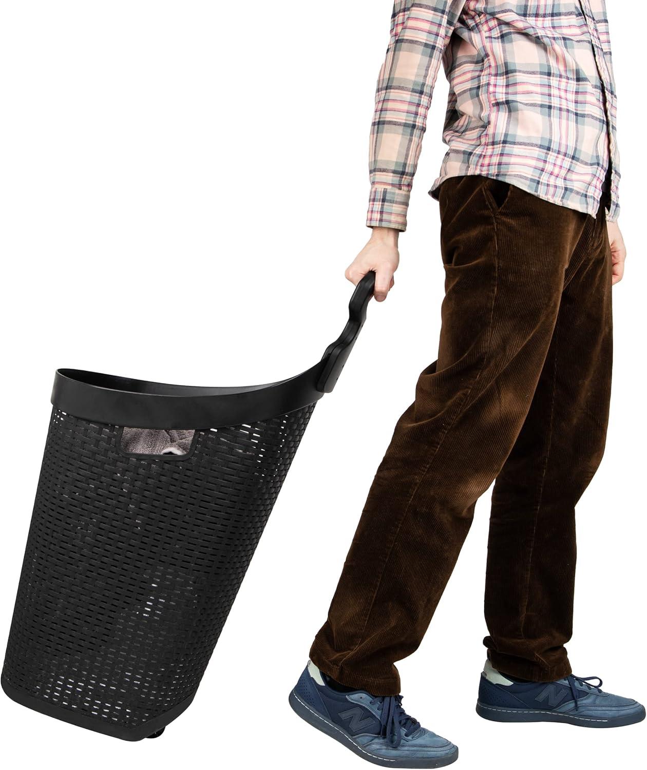 imageMind Reader 60L Rolling Laundry Hamper Clothes Basket Wheels Wicker Design Plastic 195L x 1475W x 35H Black