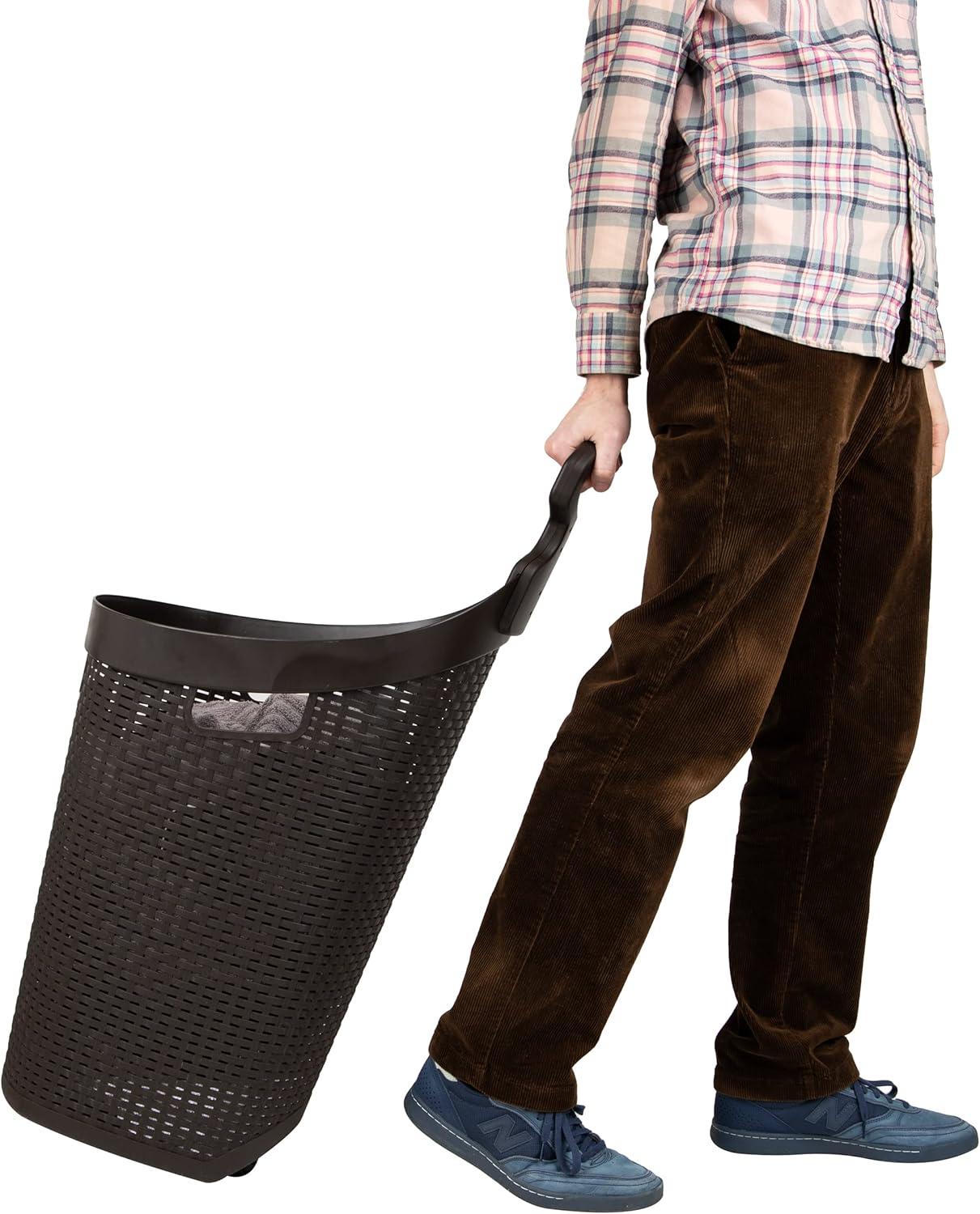 imageMind Reader 60L Rolling Laundry Hamper Clothes Basket Wheels Wicker Design Plastic 195L x 1475W x 35H Brown