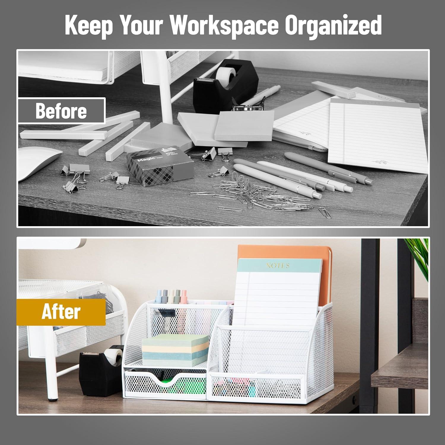 imageMind Reader 7Compartment Desktop Organizer File amp Accessory Storage Metal Mesh Office Organizer for Desk Workspace Mail PinkWhite