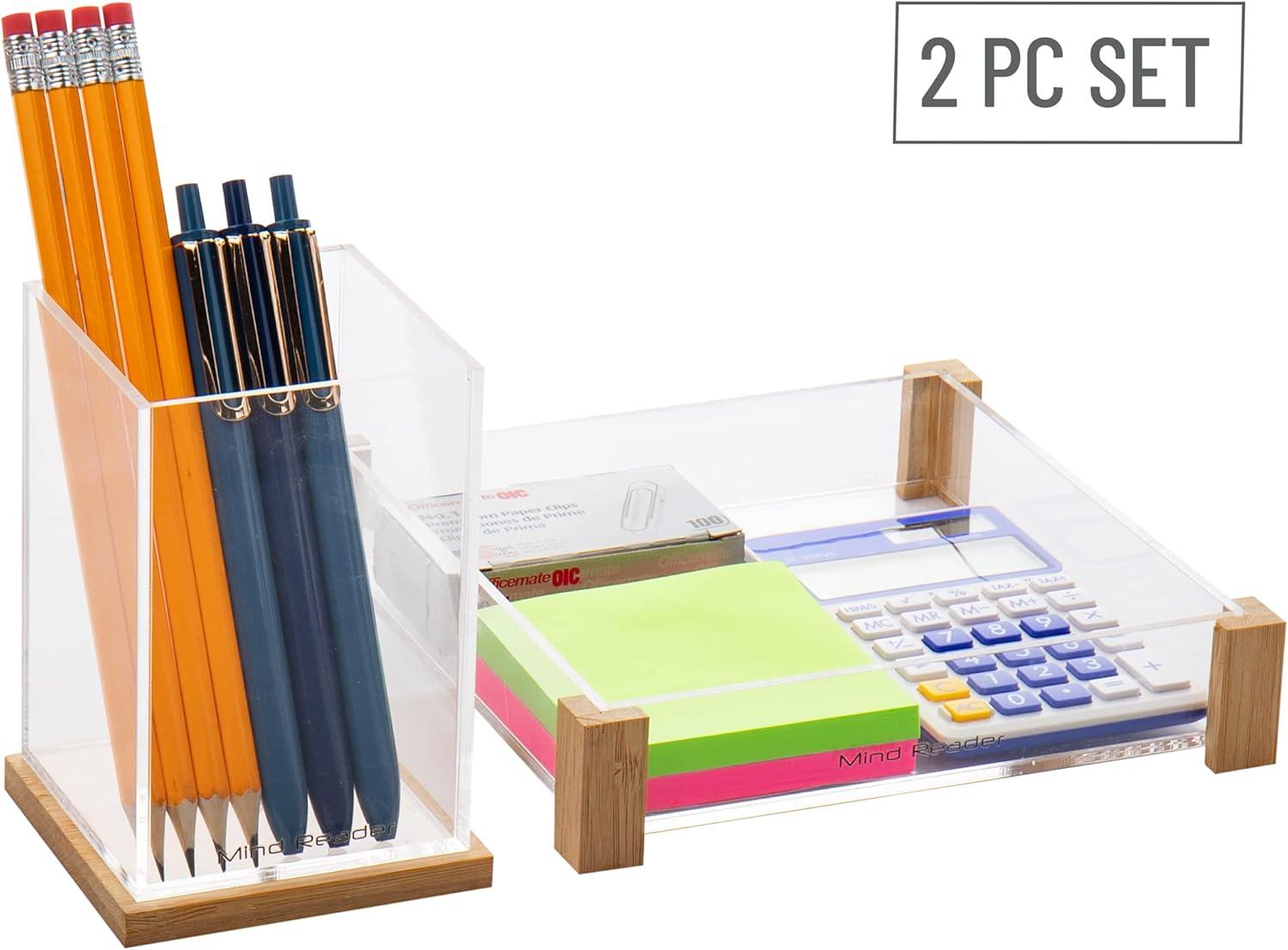 imageMind Reader Catch All Tray and Pen Cup Set Office Acrylic 675L x 675W x 15H 2 Pcs BrownCatch All Tray and Pen Cup
