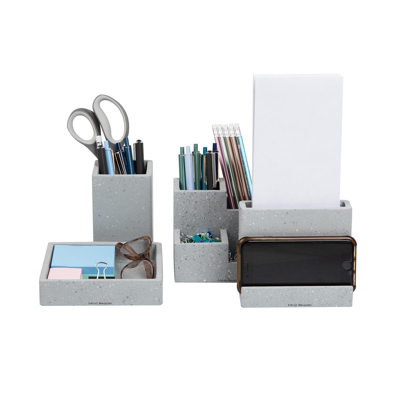 imageMind Reader Desktop Organizer Set 4 Pcs Pen Cup Catch All Tray Phone Holder Office Cement 5 L x 5 W x 4 H Gray