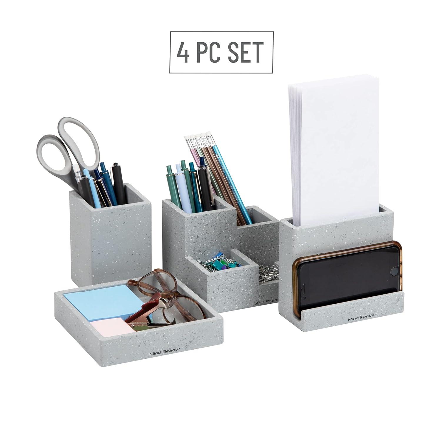 imageMind Reader Desktop Organizer Set 4 Pcs Pen Cup Catch All Tray Phone Holder Office Cement 5 L x 5 W x 4 H Gray