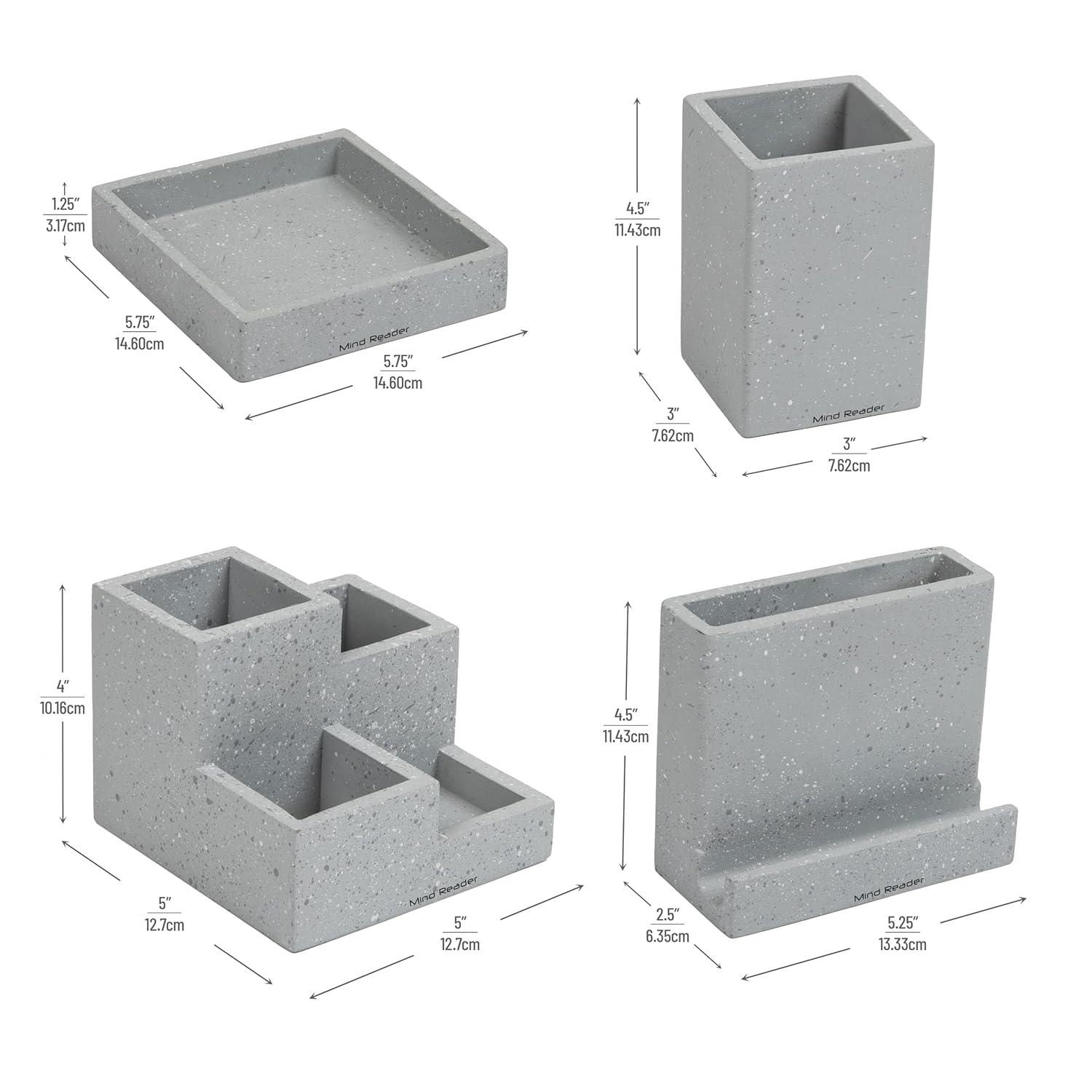imageMind Reader Desktop Organizer Set 4 Pcs Pen Cup Catch All Tray Phone Holder Office Cement 5 L x 5 W x 4 H Gray