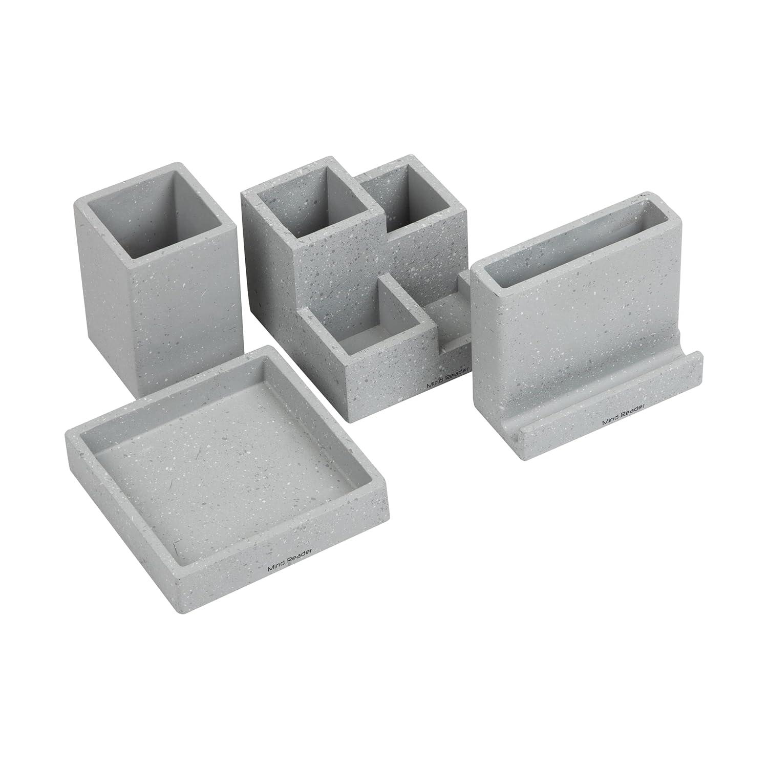 imageMind Reader Desktop Organizer Set 4 Pcs Pen Cup Catch All Tray Phone Holder Office Cement 5 L x 5 W x 4 H Gray
