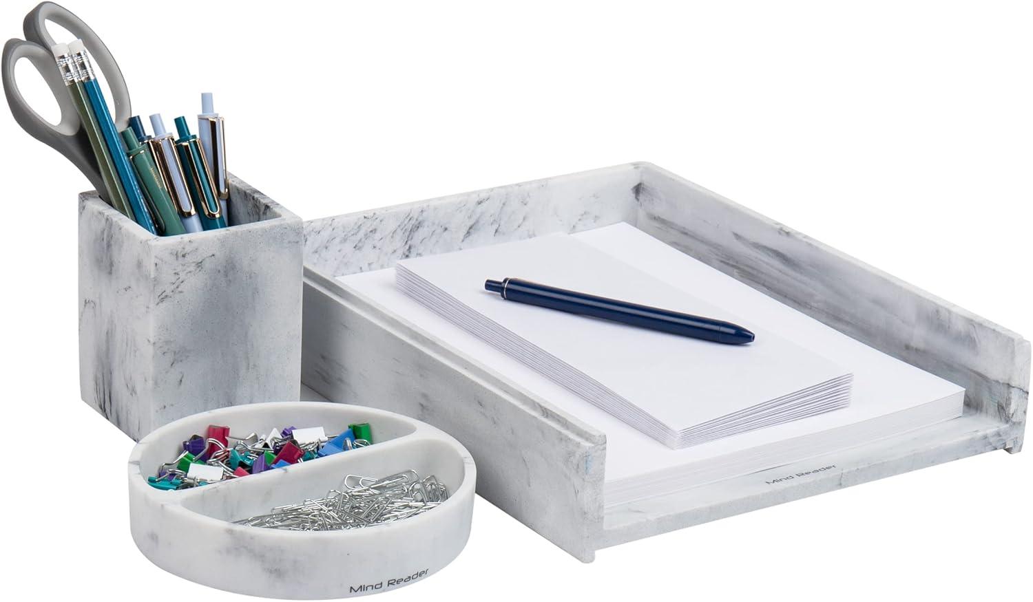 imageMind Reader Desktop Set 3 Pcs Pen Cup CatchAll Dish Paper Tray Office Resin 1025 L x 1225 W x 25 H White