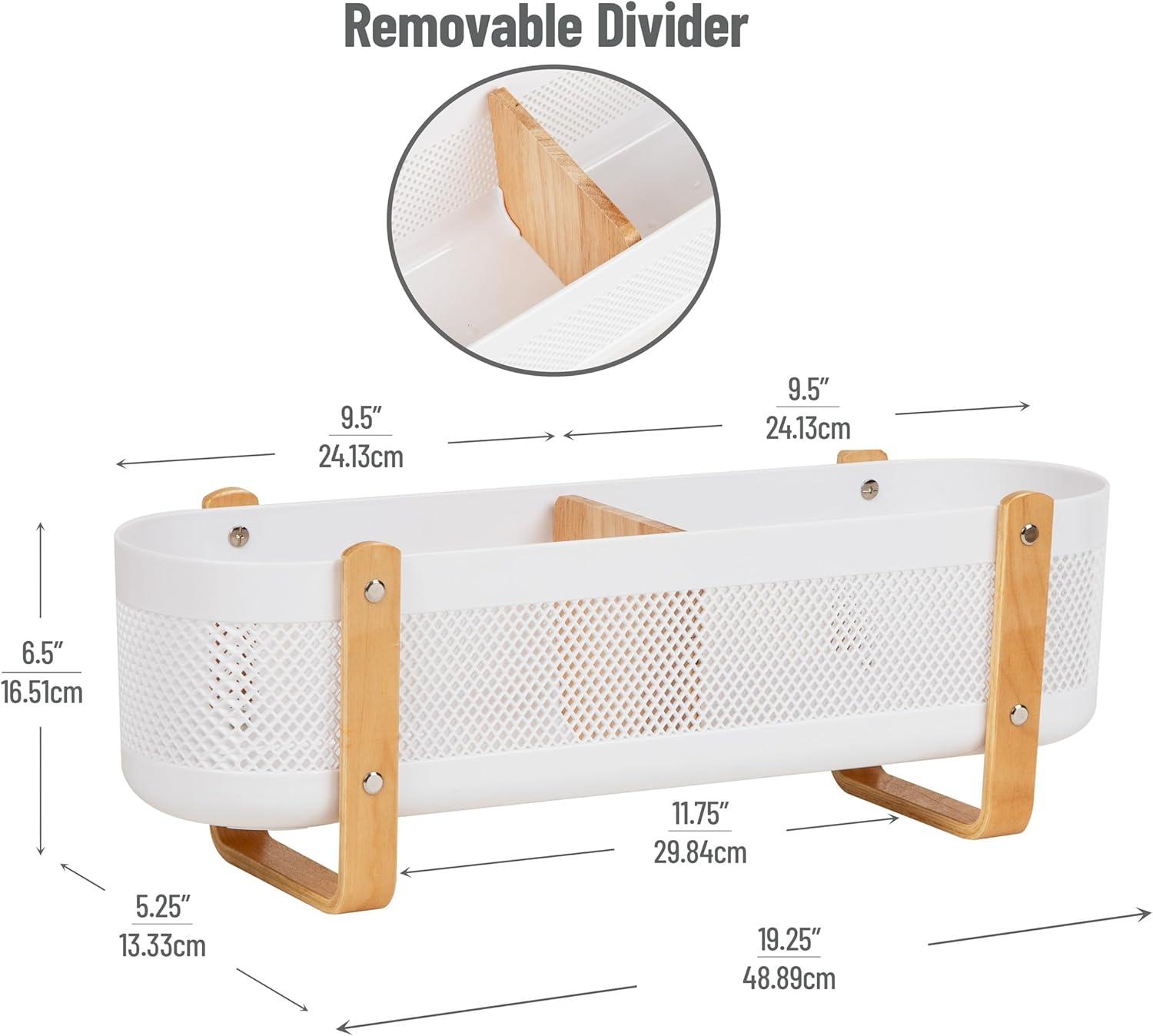 imageMind Reader Divided Storage Basket with Legs Accessory Holder Desktop Organization Office Plastic 1925L x 525W x 65H White and BrownStorage Basket with Legs