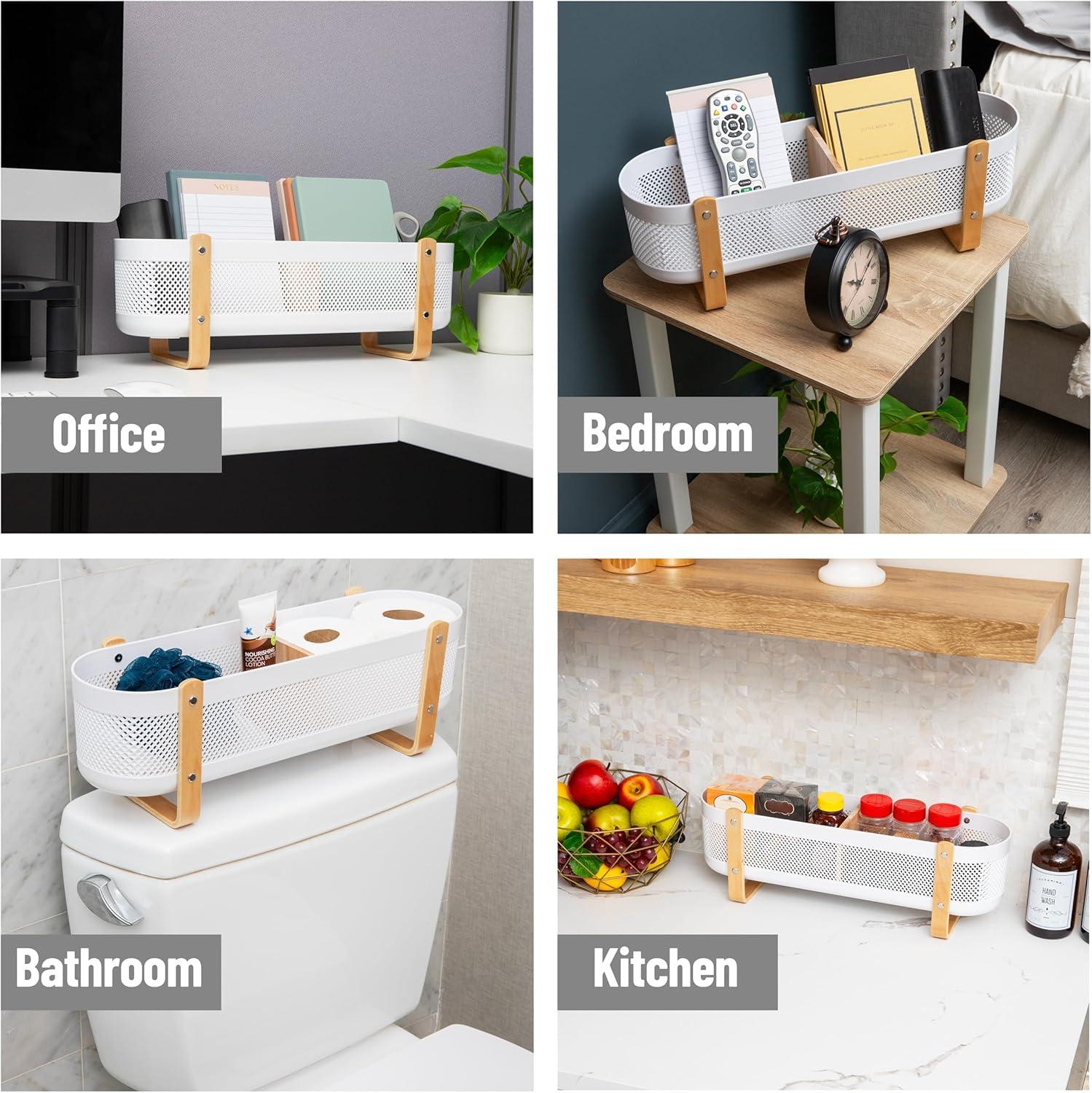 imageMind Reader Divided Storage Basket with Legs Accessory Holder Desktop Organization Office Plastic 1925L x 525W x 65H White and BrownStorage Basket with Legs