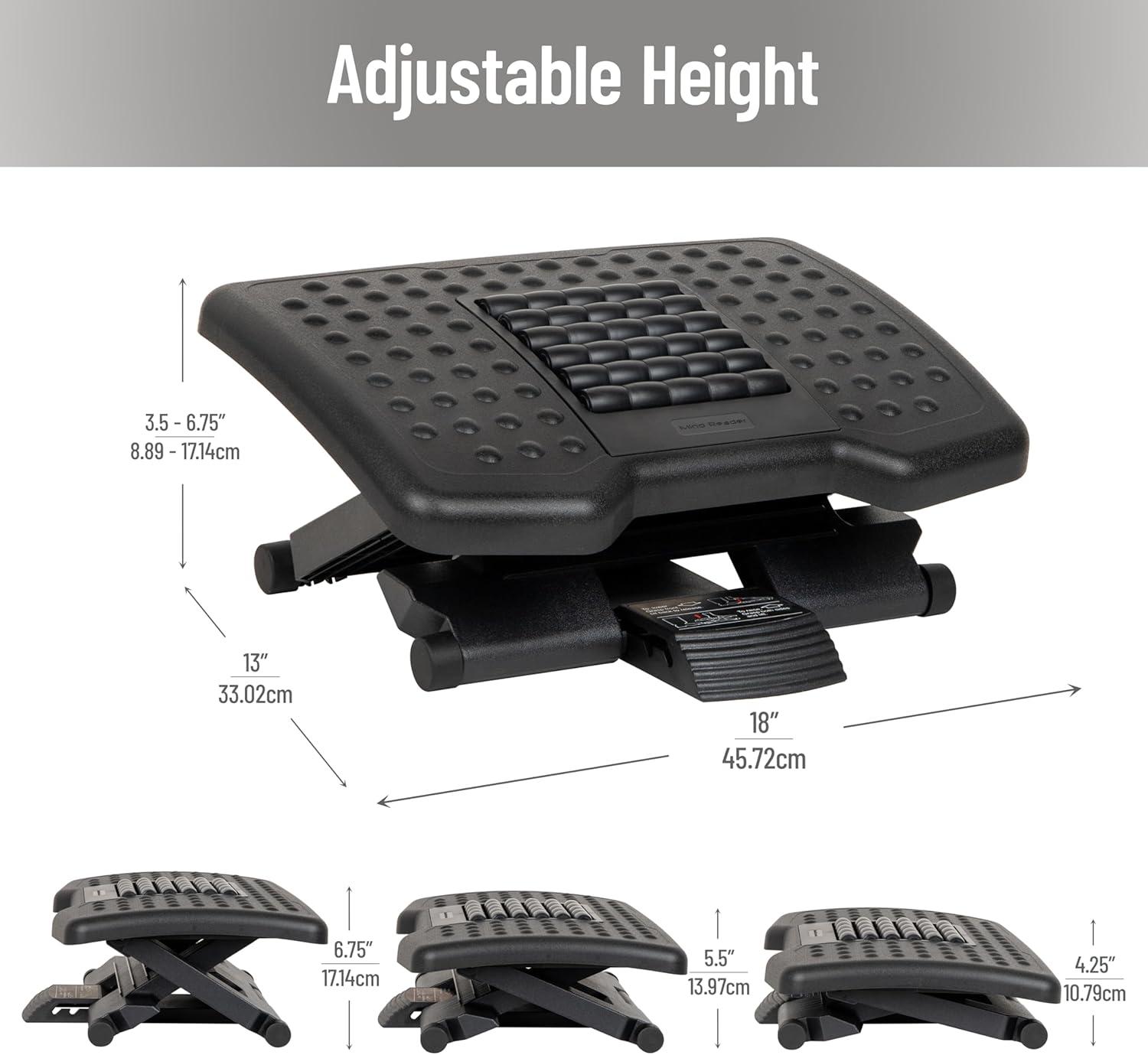imageMind Reader Foot Rest Under Desk Ergonomic Hydraulic Height Adjustable Ottoman Office Foam 1675 L x 75 W x 375 H BlackMassager Foot Rest