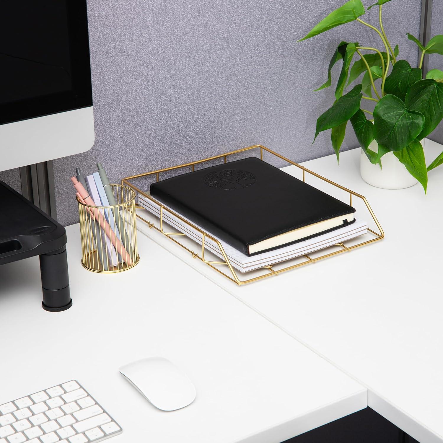 imageMind Reader Gold Geometric Paper Tray Modern Organizer for Documents Folders and Office Supplies Durable and Stylish Metal 10 L x 1225 W x 2 H Gold10 x 123 x 2