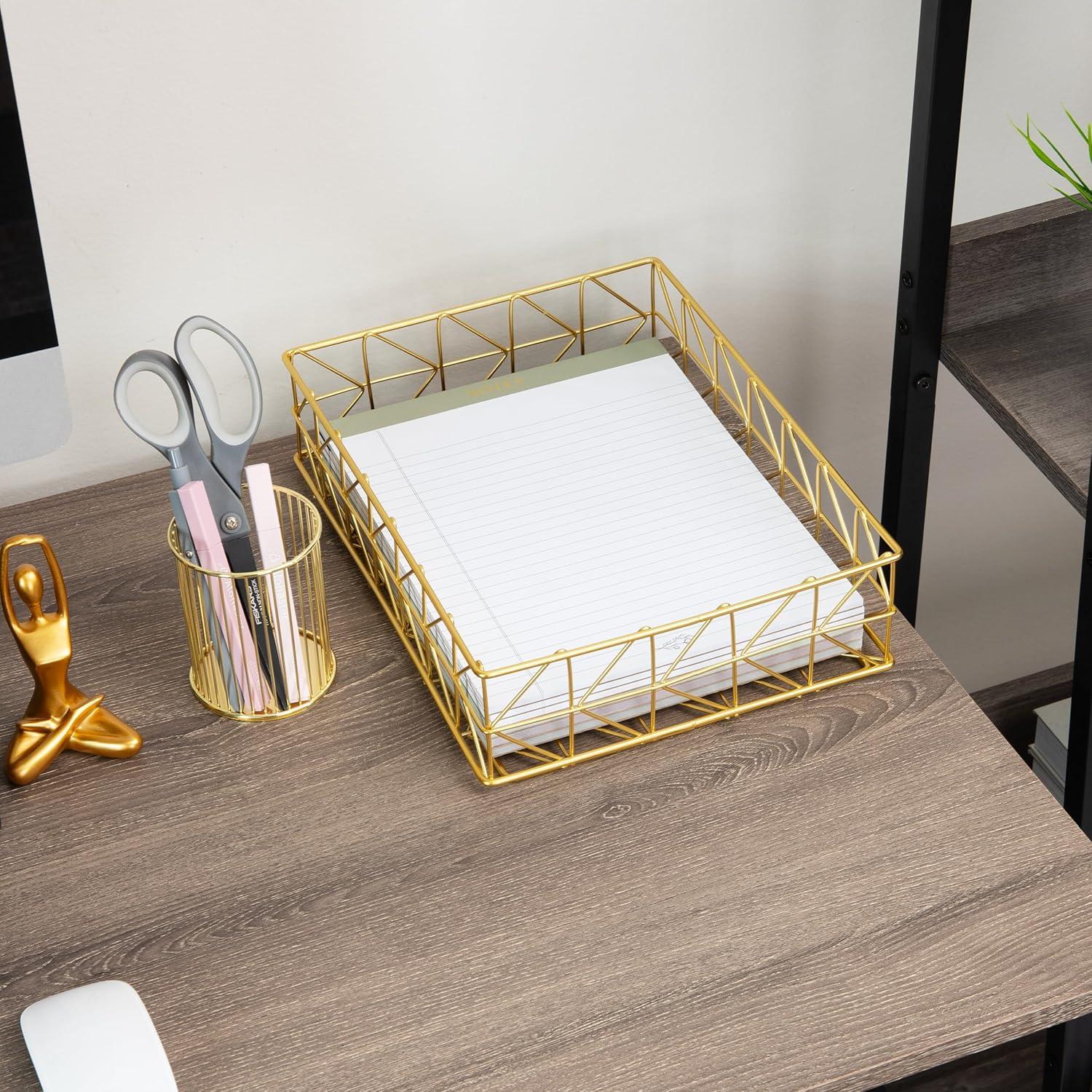imageMind Reader Gold Geometric Paper Tray Modern Organizer for Documents Folders and Office Supplies Durable and Stylish Metal 10 L x 1225 W x 2 H Gold95 x 128 x 33