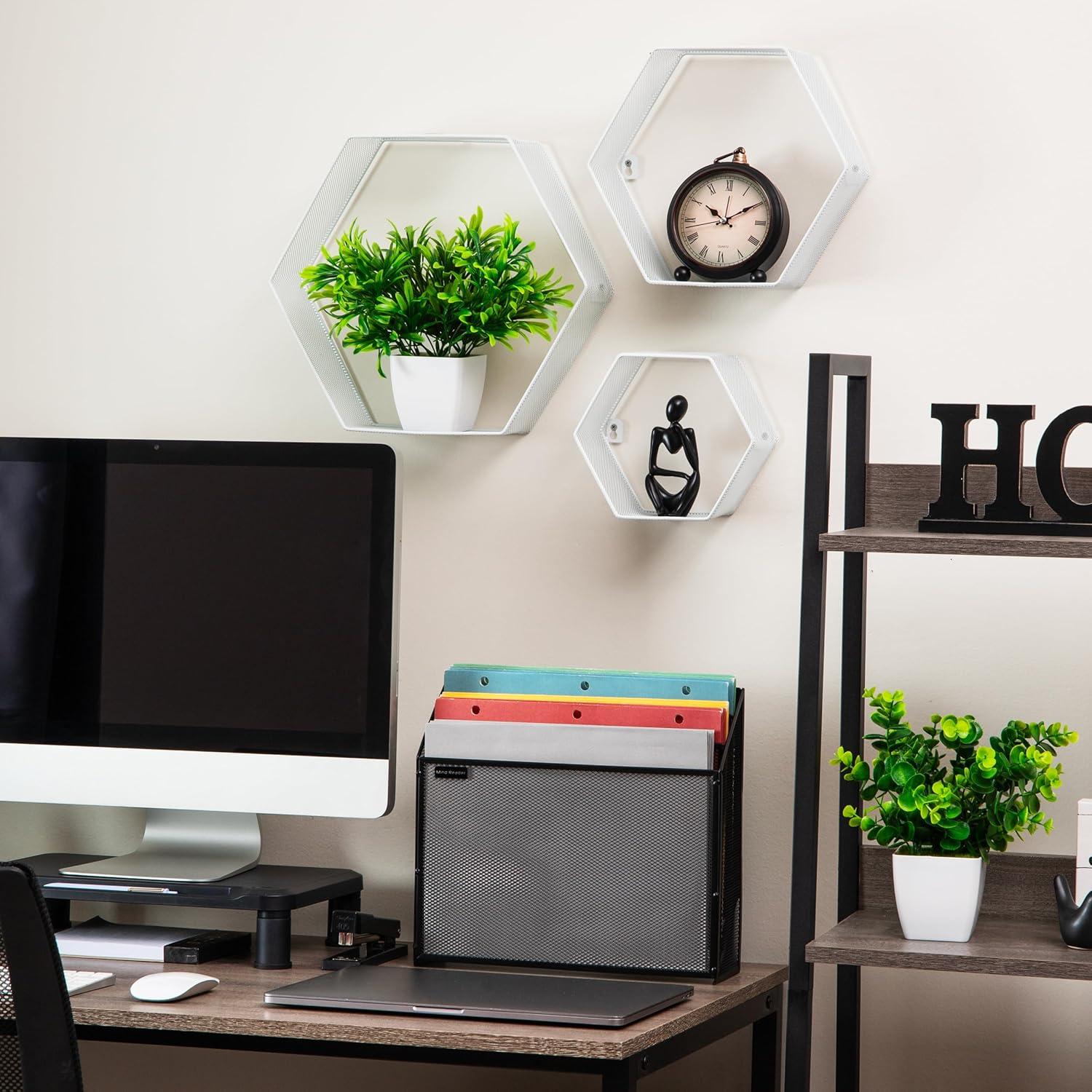 imageMind Reader Hexagon Floating Shelves Wall Decor Honeycomb Accent Shelf Office Metal Mesh 14 L x 4 W x 12 H Set of 3 WhiteWhite