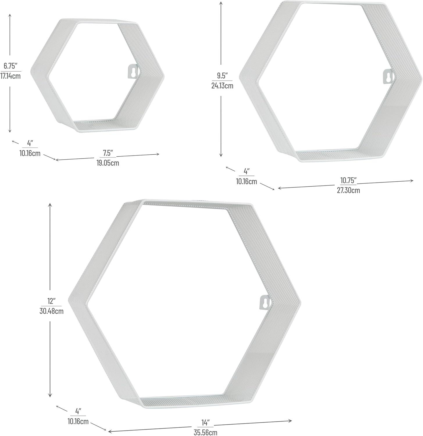 imageMind Reader Hexagon Floating Shelves Wall Decor Honeycomb Accent Shelf Office Metal Mesh 14 L x 4 W x 12 H Set of 3 WhiteWhite
