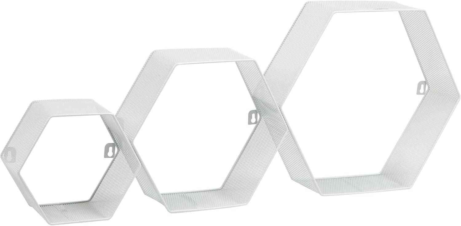 imageMind Reader Hexagon Floating Shelves Wall Decor Honeycomb Accent Shelf Office Metal Mesh 14 L x 4 W x 12 H Set of 3 WhiteWhite