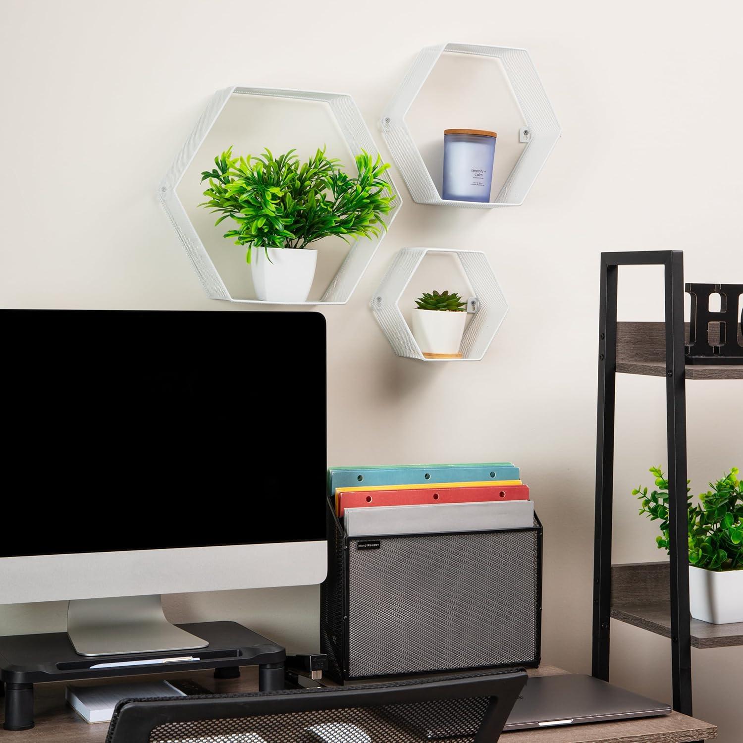 imageMind Reader Hexagon Floating Shelves Wall Decor Honeycomb Accent Shelf Office Metal Mesh 14 L x 4 W x 12 H Set of 3 WhiteWhite