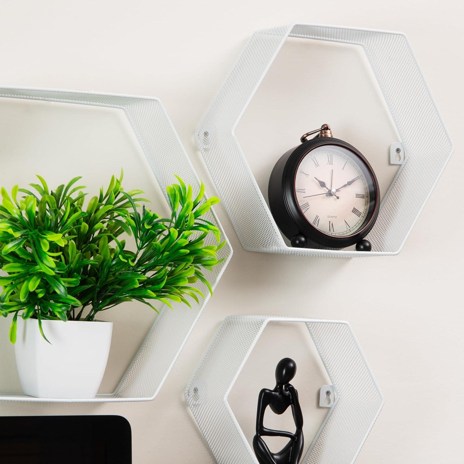 imageMind Reader Hexagon Floating Shelves Wall Decor Honeycomb Accent Shelf Office Metal Mesh 14 L x 4 W x 12 H Set of 3 WhiteWhite