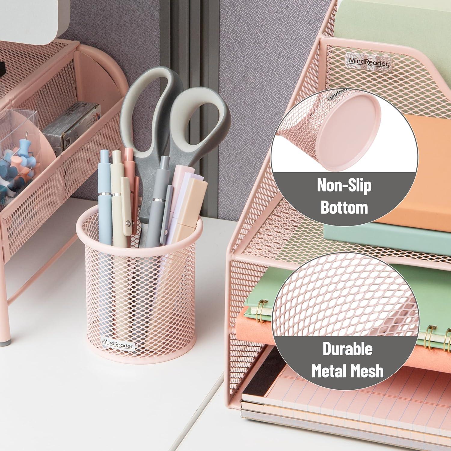imageMind Reader Pen and Accessories Holder Desktop Organizer Office Metal Mesh 35L x 35W x 375H Set of 3 WhitePink