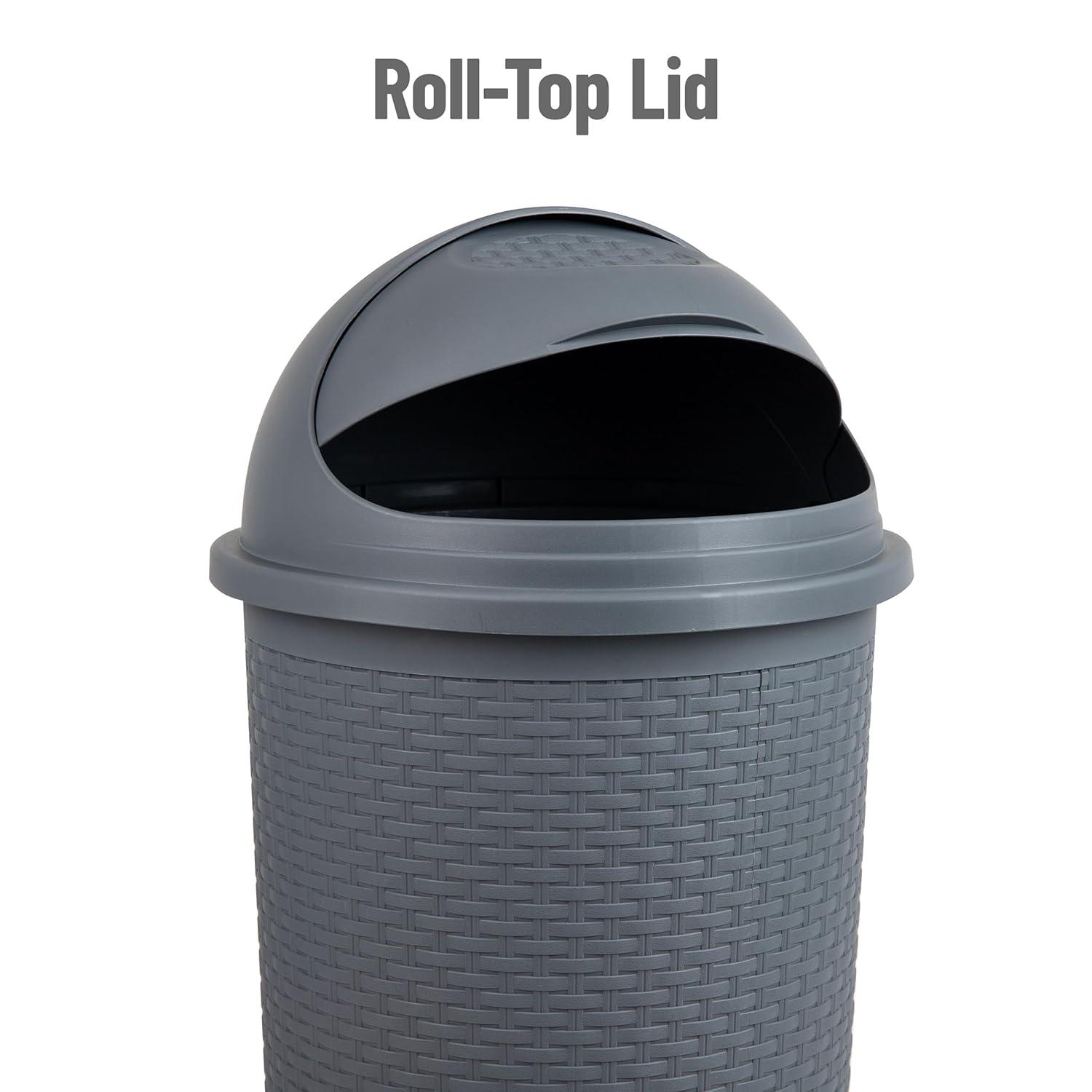 imageMind Reader RollTop Kitchen Garbage Can Trash Can with Lid Wicker Design Plastic 16 L x 16 W x 315 H Gray