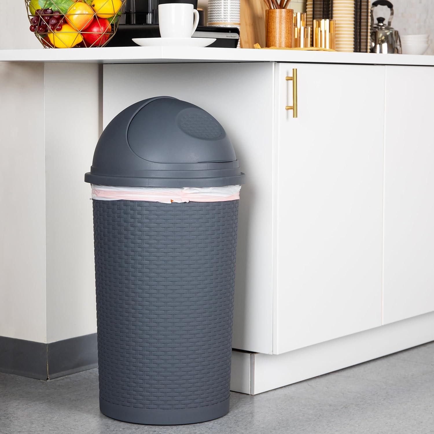 imageMind Reader RollTop Kitchen Garbage Can Trash Can with Lid Wicker Design Plastic 16 L x 16 W x 315 H Gray