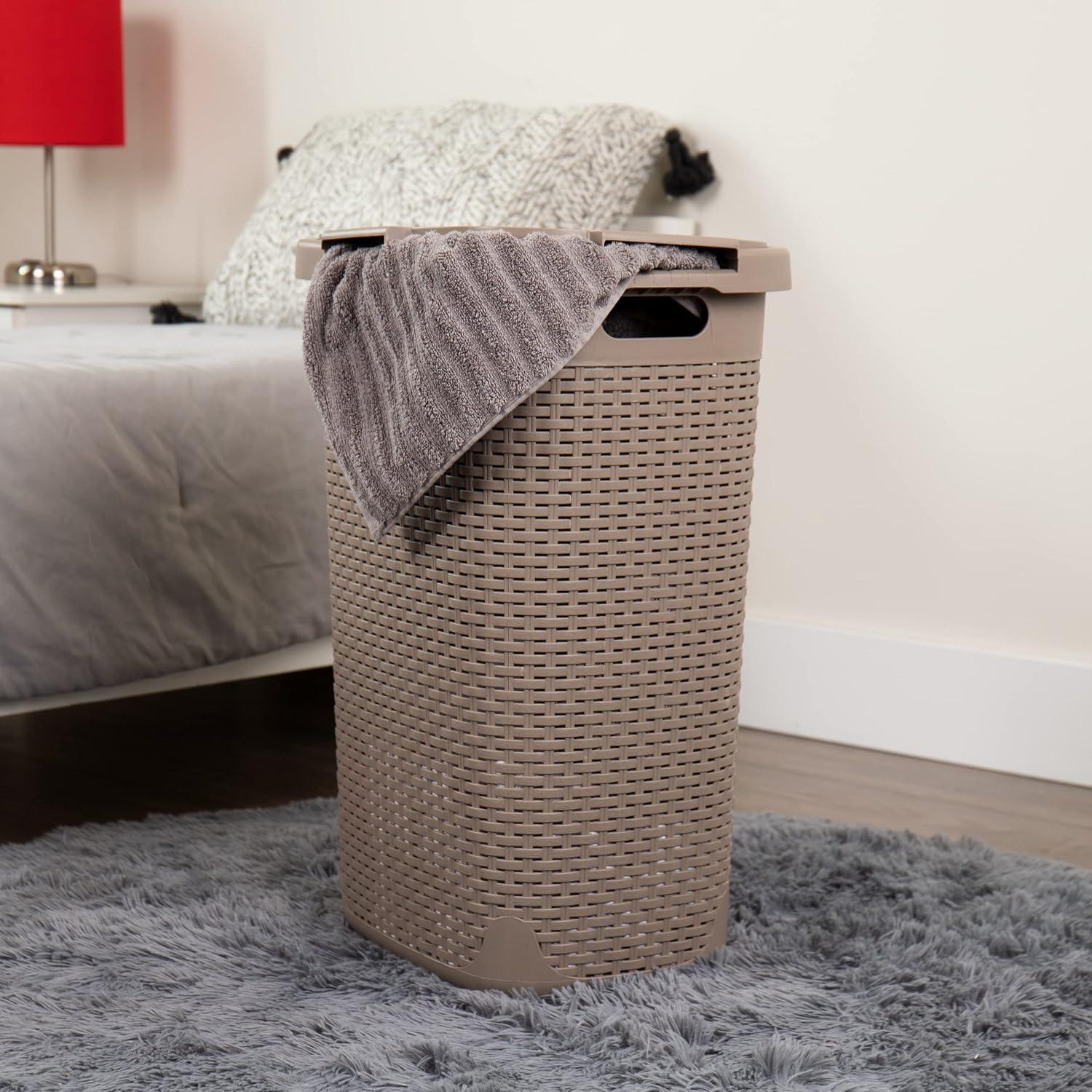 imageMind Reader Slim Laundry Hamper with Lid 60L Clothes Baskets Wicker Design Plastic 1765L x 1375W x 2415H 2Pack Tan