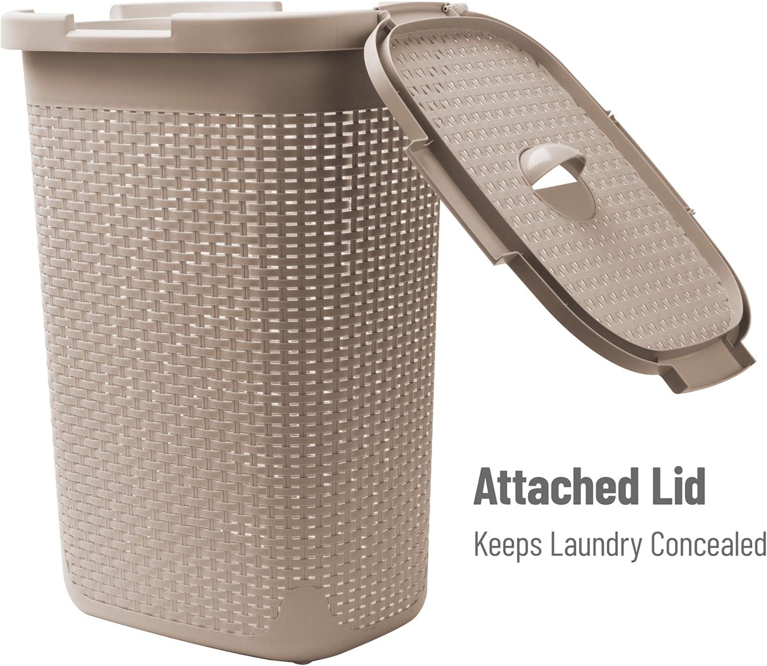 imageMind Reader Slim Laundry Hamper with Lid 60L Clothes Baskets Wicker Design Plastic 1765L x 1375W x 2415H 2Pack Tan