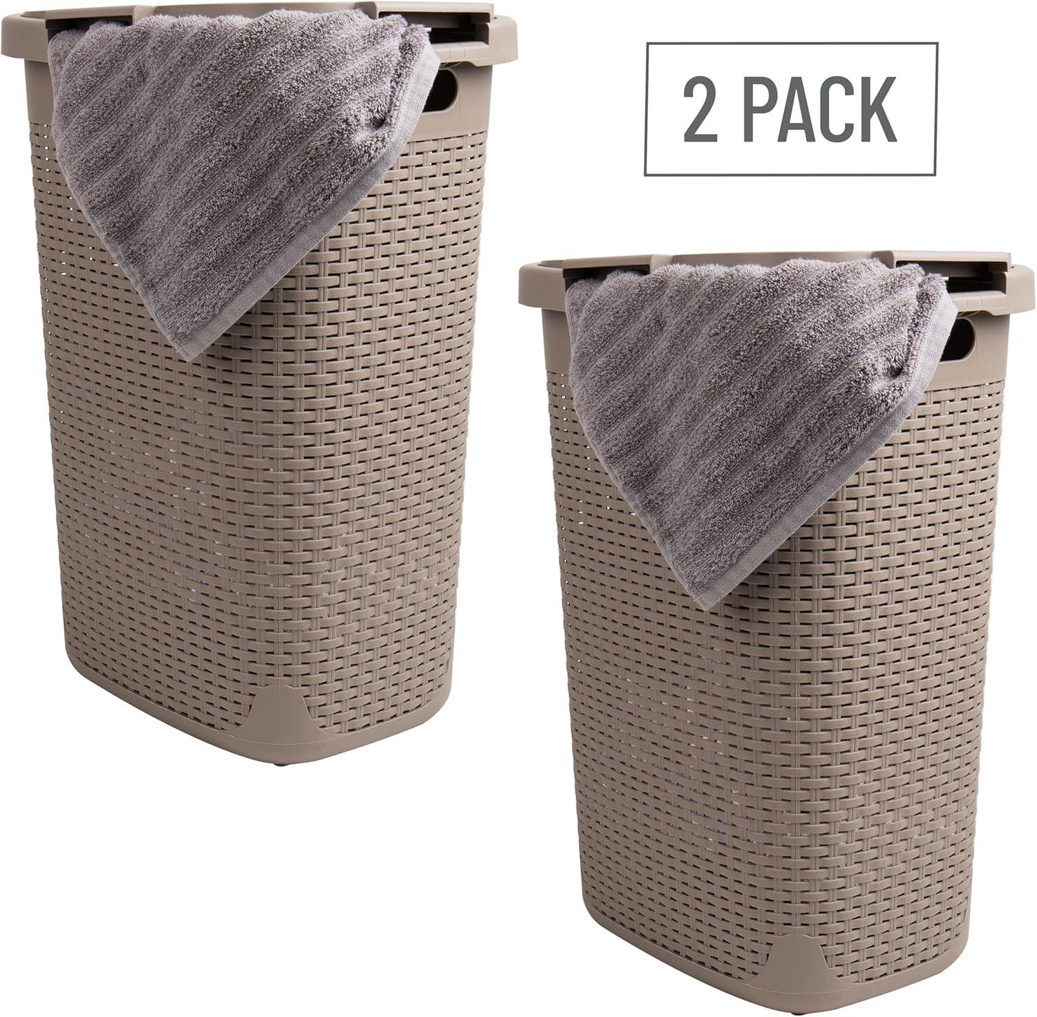 imageMind Reader Slim Laundry Hamper with Lid 60L Clothes Baskets Wicker Design Plastic 1765L x 1375W x 2415H 2Pack Tan